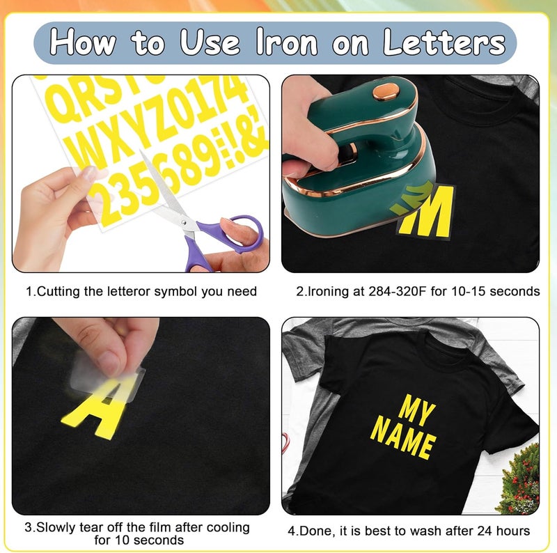 Metsyth 12 Sheets 612 Pieces Iron on Letters and Numbers for Clothing 2 Inch Iron on Letter Patches Large with PU Heat Transfer Alphabet Adhesive Stickers for Fabric T-Shirt Jersey DIY Craft,Yellow - Image 4